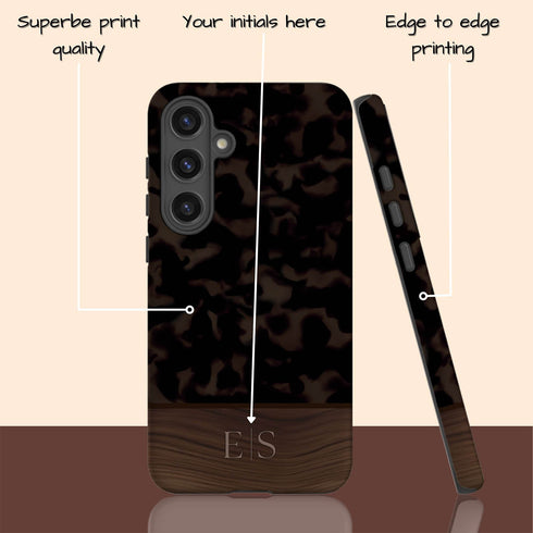 Custom Wood Initials Dark Tortoiseshell Galaxy Case